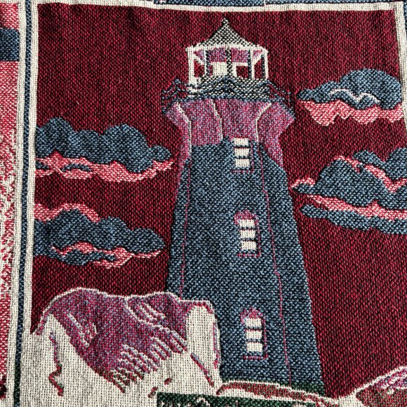 Vintage Goodwin Weavers Lighthouse Themed Fringed Throw - Picture 12 of 15